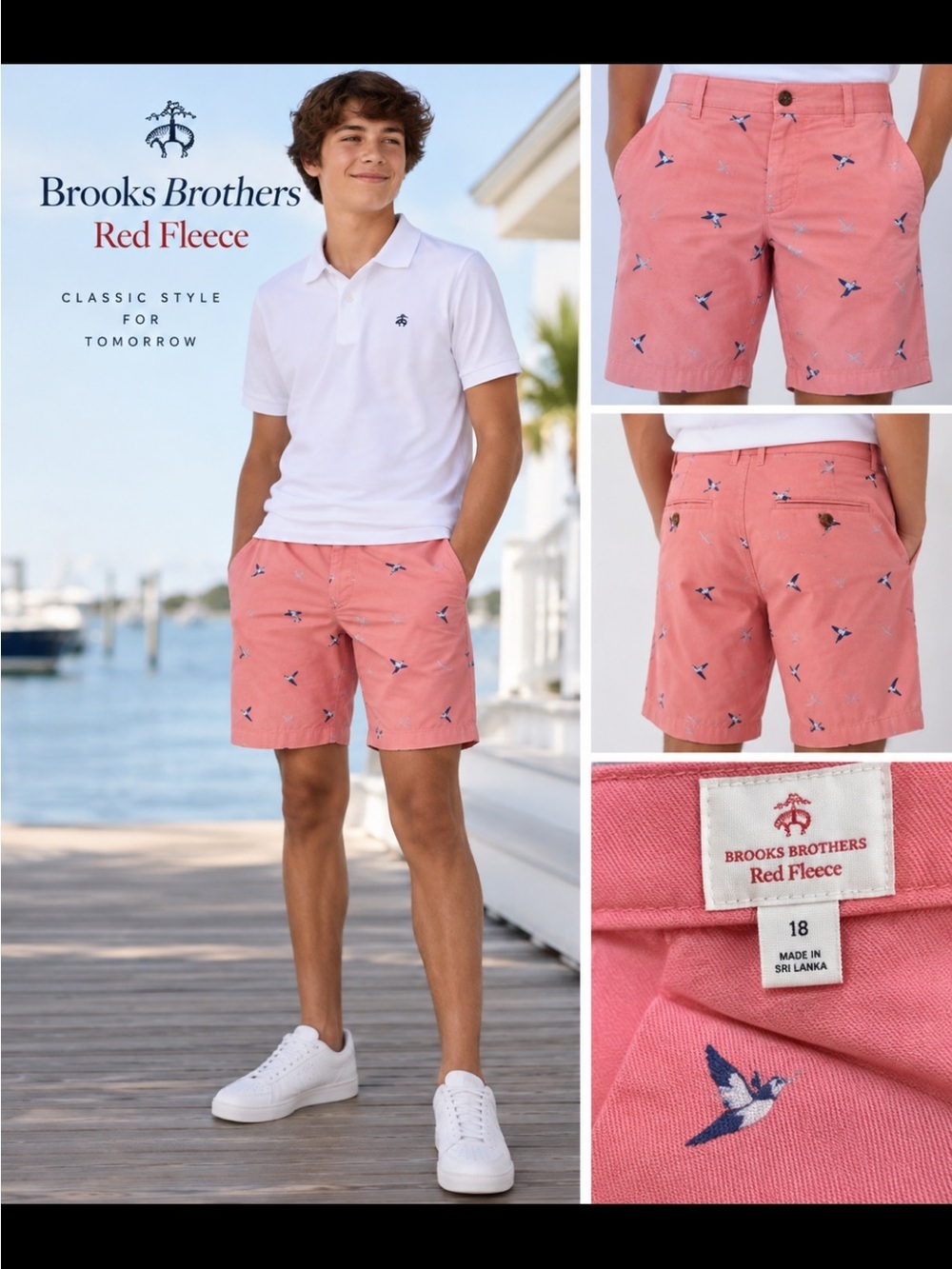 Brooks Brothers Red Fleece Coral Swim Trunks with Embroidered Birds 321